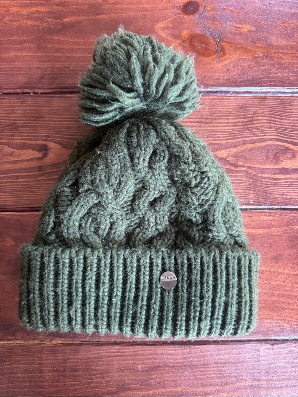 Rella Olive Green Cable Knit Pom Beanie Fleece Lined